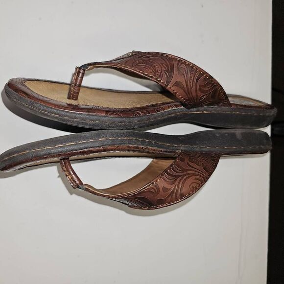 BOC Women's Size 11 Leather Sandals Flip Flops Thongs Brown Island Floral Brown - Picture 8 of 8